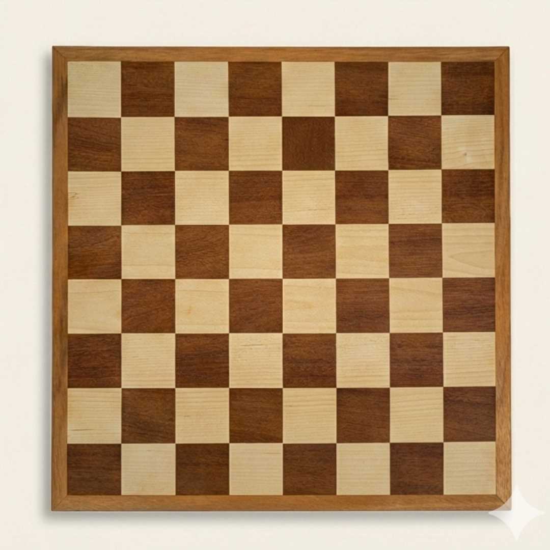 Wooden checkered board with brown and beige squares on a white background
