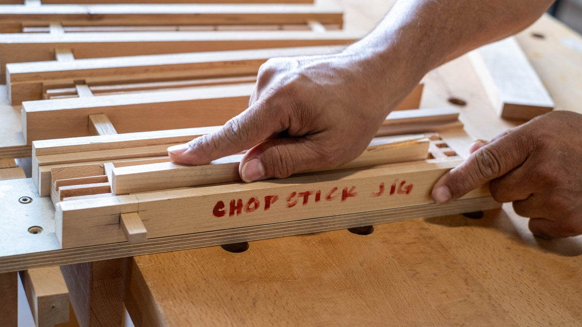 Hand resting on a shop-made chopstick jig marked CHOP STICK JIG in a Dubai woodworking workshop