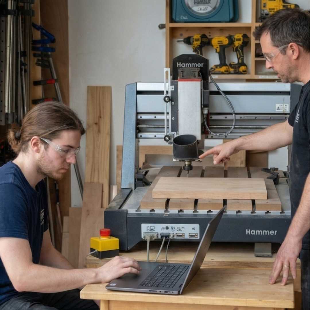 Two men using a CNC machine and laptop in a woodworking workshop