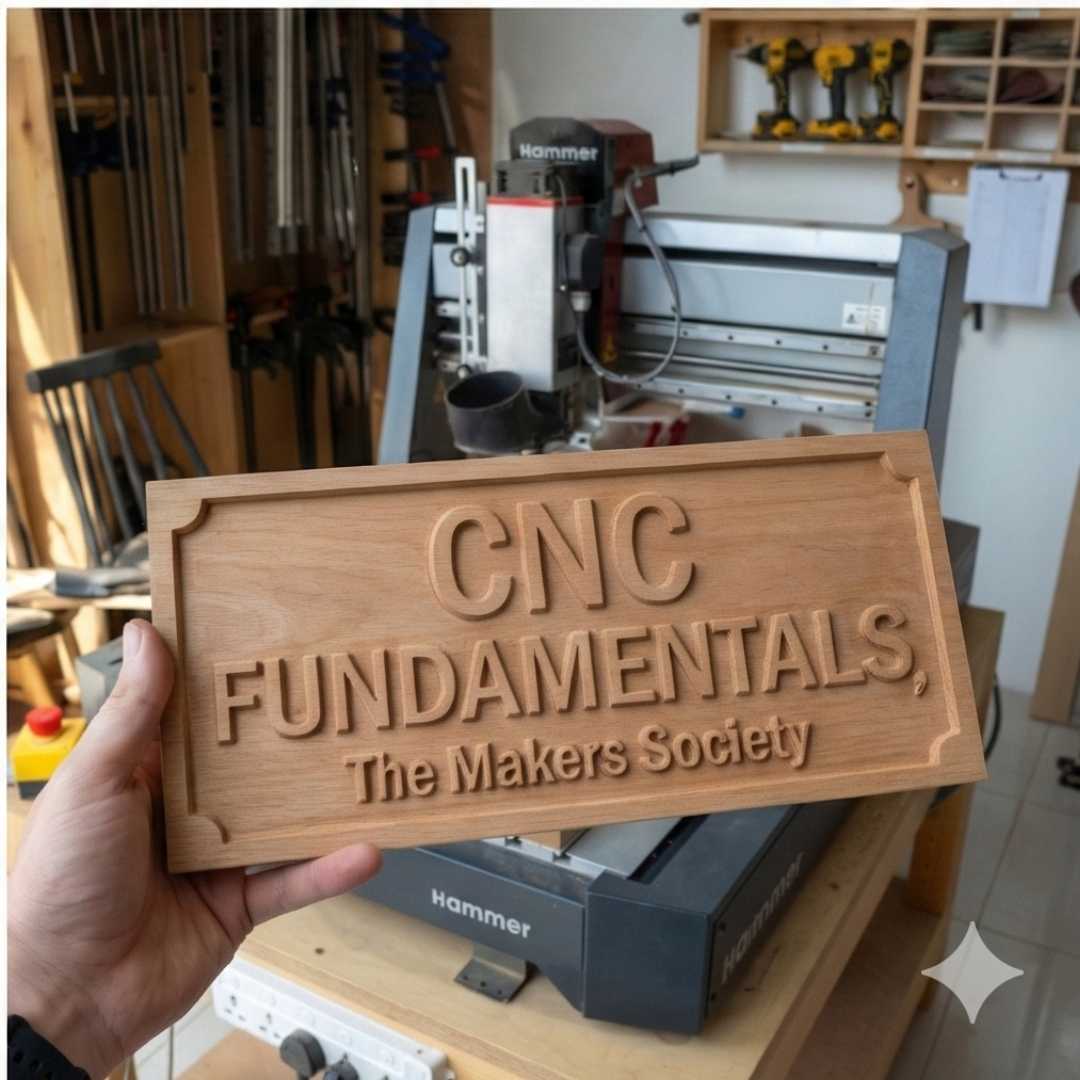 Hand holding engraved wooden CNC Fundamentals sign in woodworking workshop at The Makers Society.