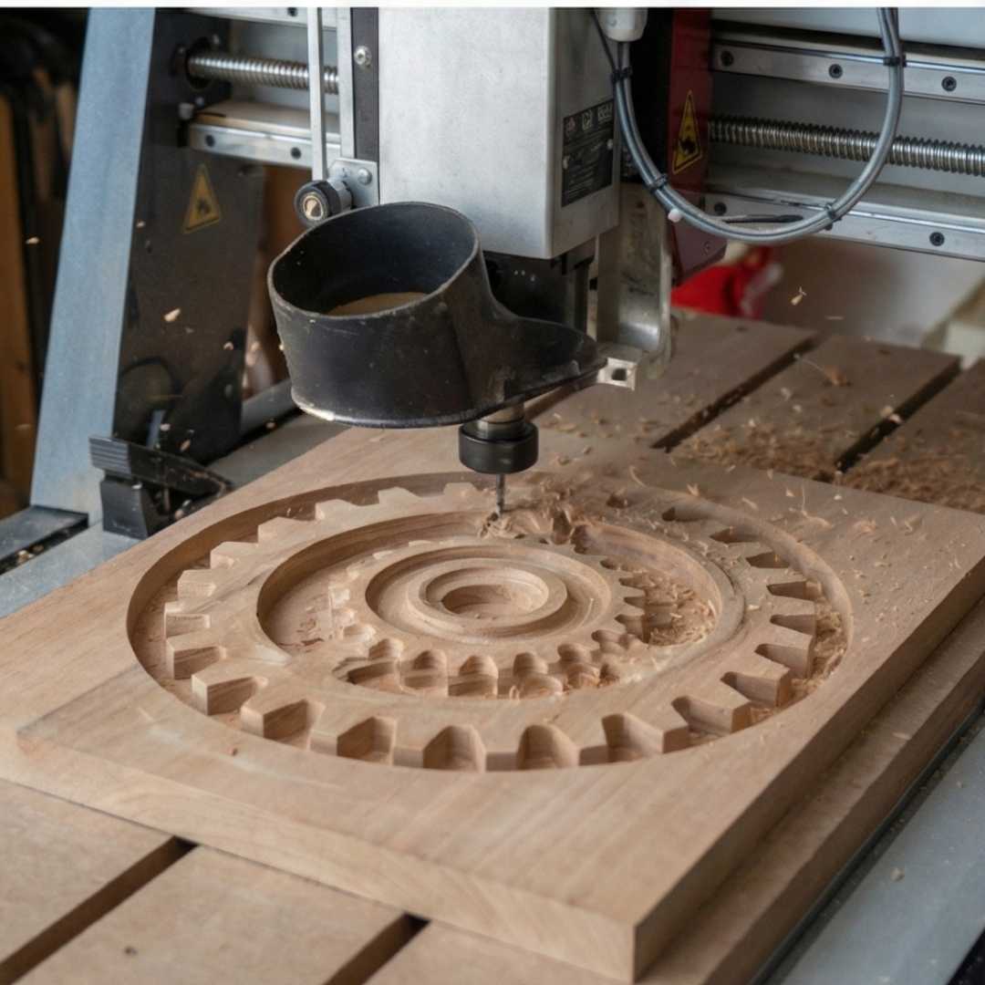 CNC machine carving wooden gear pattern, premium woodworking tool in action
