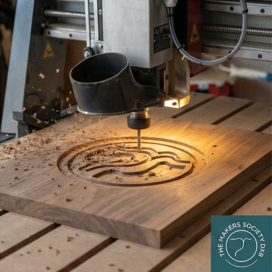 CNC machine carving wood sign with The Makers Society DXB logo in workshop