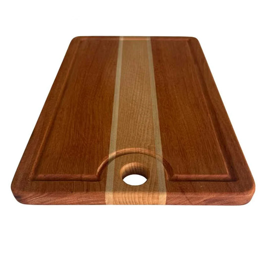 Handmade wooden cutting board with two-tone long grain and juice groove, hole for hanging