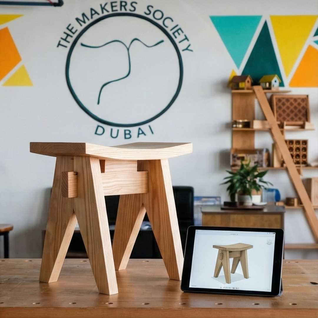 Handmade wooden stool displayed in The Makers Society Dubai workshop with tablet showing its digital plan.