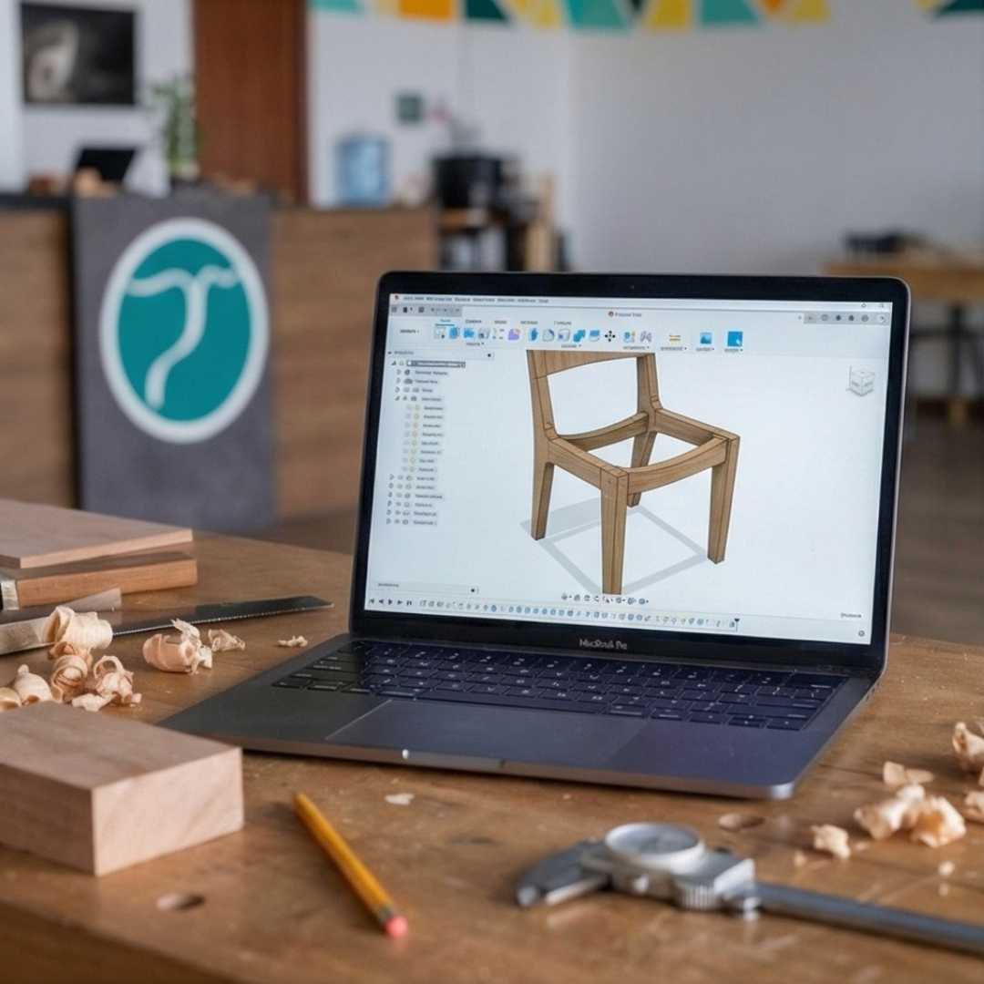 Laptop on woodworking table displaying 3D chair design at The Makers Society Shop studio