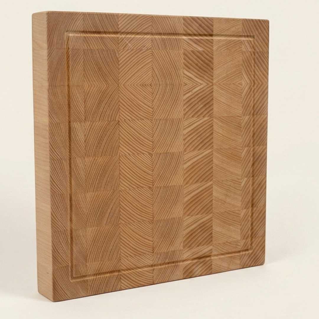 End-grain wooden cutting board with juice groove, handmade by The Makers Society Shop