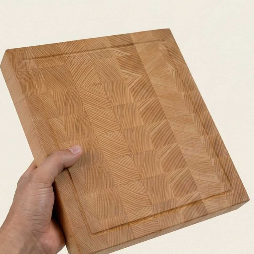Hand holding premium end grain wooden cutting board from The Makers Society Shop