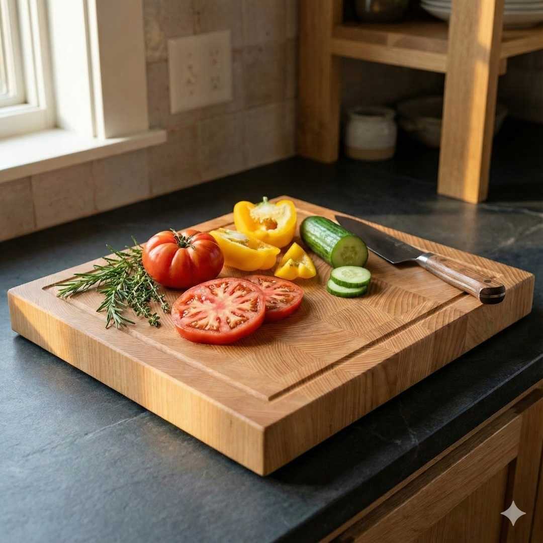 Premium wooden cutting board with knife, tomatoes, herbs, bell pepper, and cucumber on kitchen counter