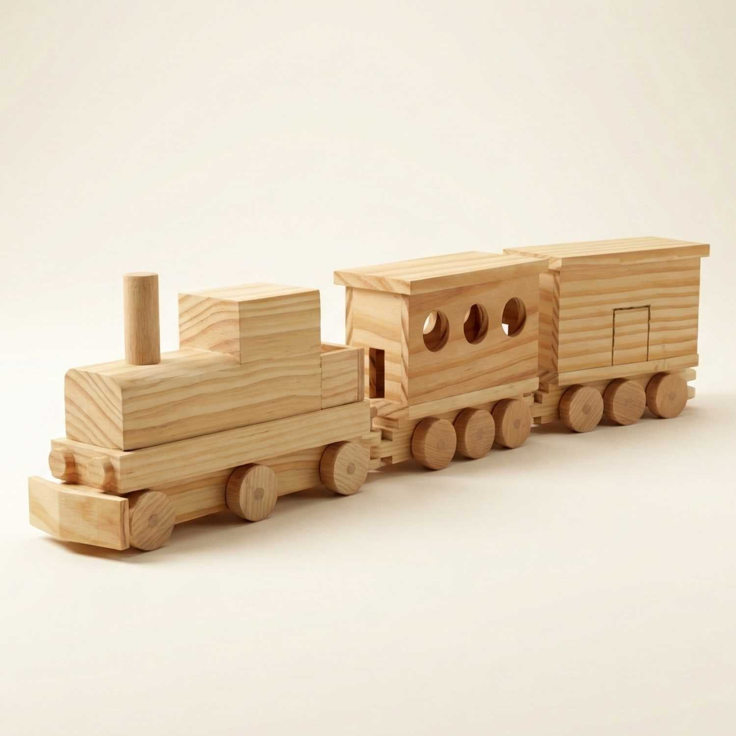 Handcrafted wooden toy train with natural finish, displayed on a light background