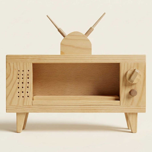 Wooden model of a television set with antenna on a beige background