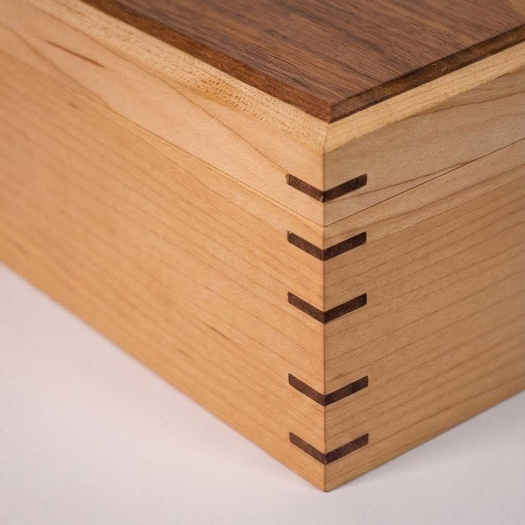 Close-up of a wooden box with dovetail joints on a light background