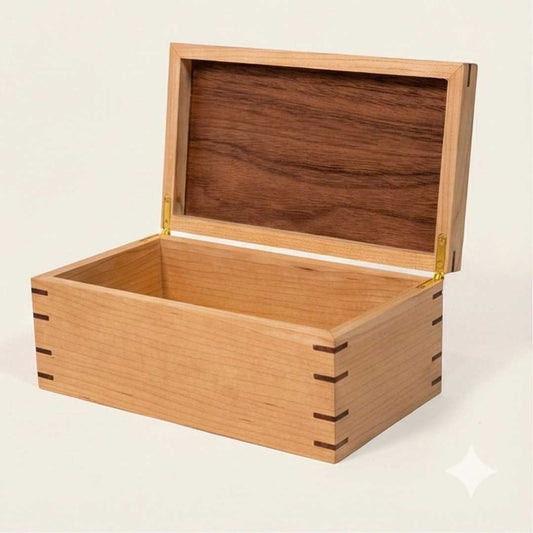 Wooden box with a hinged lid on a beige background