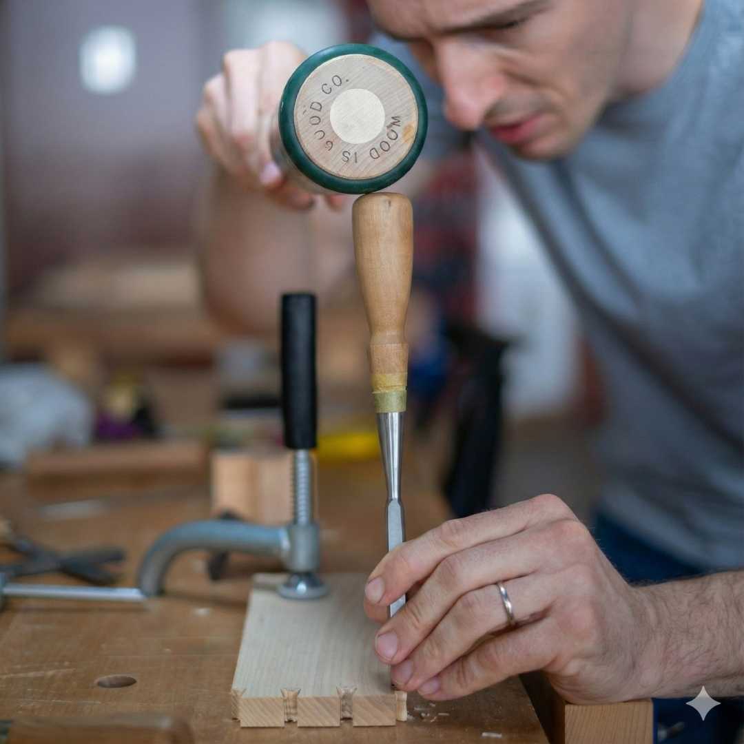 Woodworker using chisel and mallet on dovetail joint during joinery class workshop