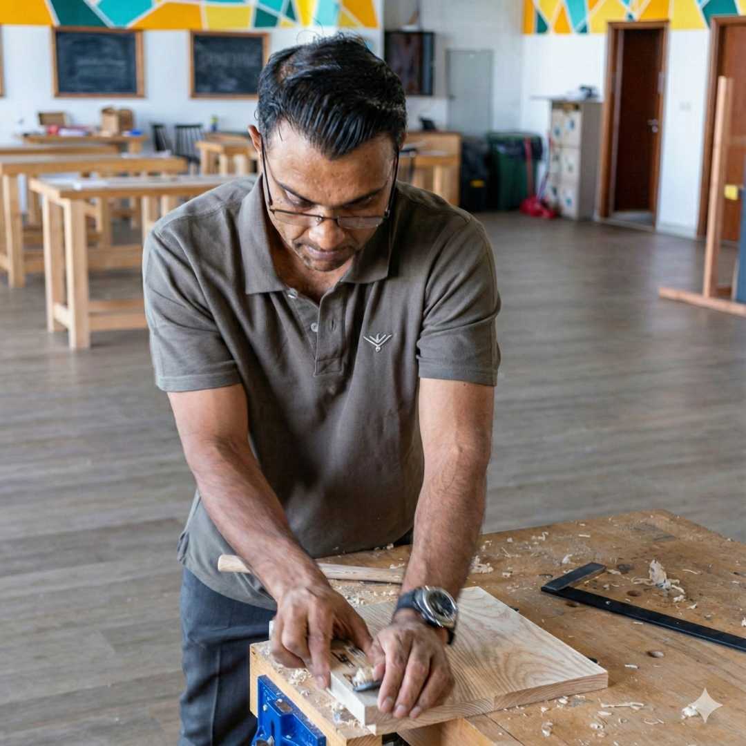 Man using a traditional kanna hand plane on wood in a woodworking workshop setting
