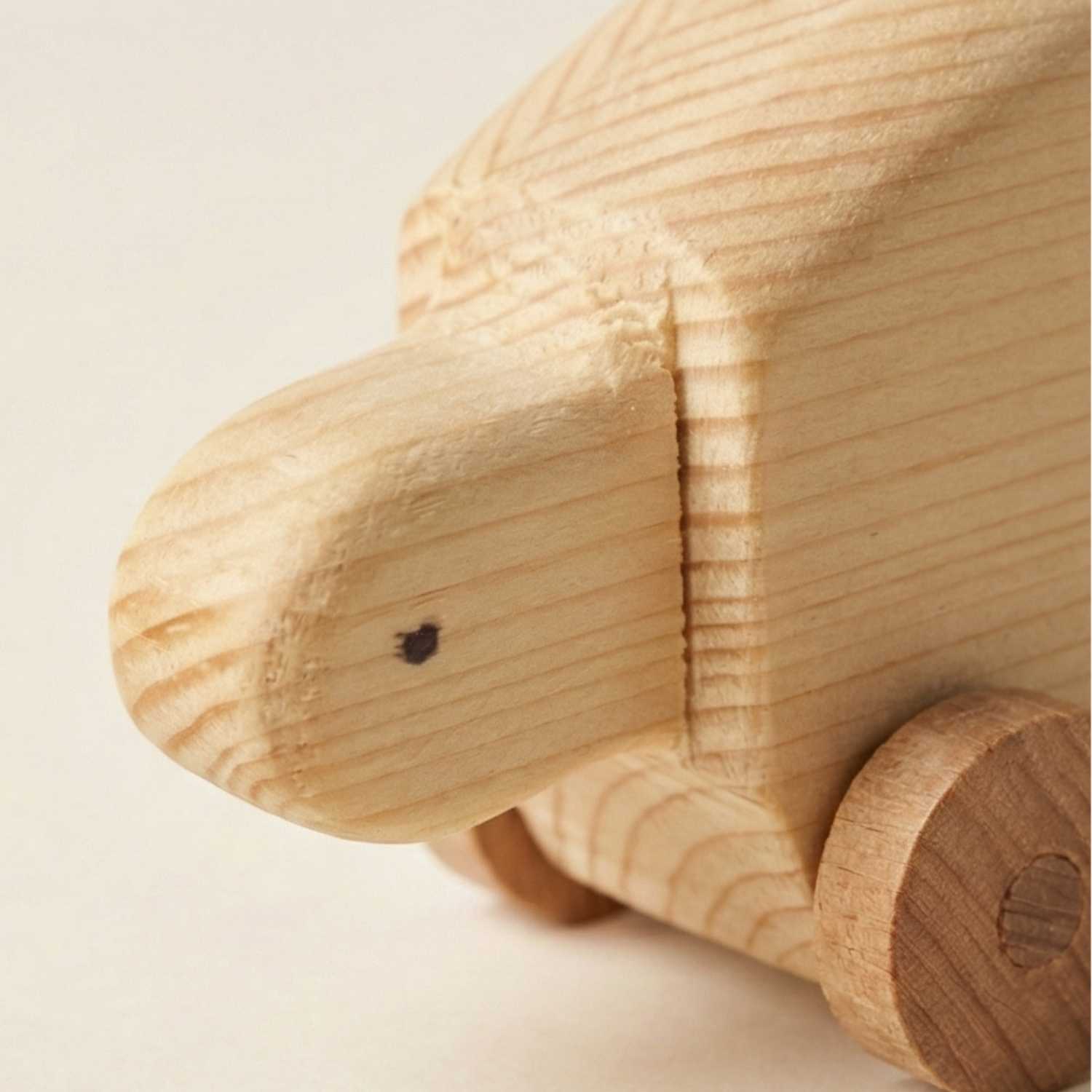 Close-up of a wooden toy turtle on a light background