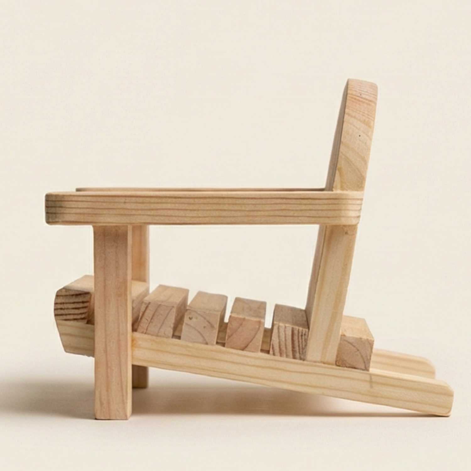 Side profile view of a miniature wooden Adirondack chair for kids woodworking projects at The Makers Society Dubai, showcasing the classic inclined seat angle and the sturdy construction of the backrest and legs.
