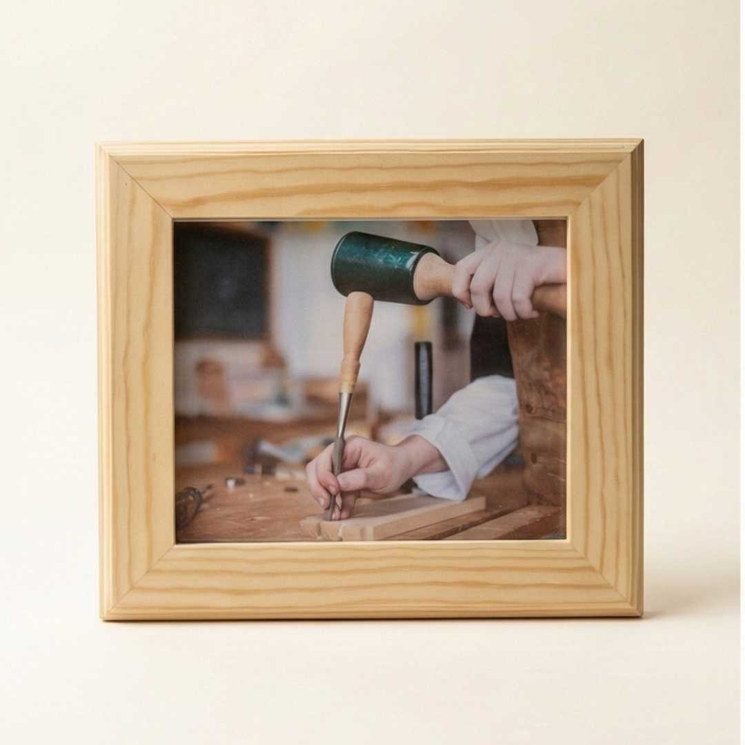 Light wood picture frame displaying a close-up of woodworking hands using chisel and mallet.
