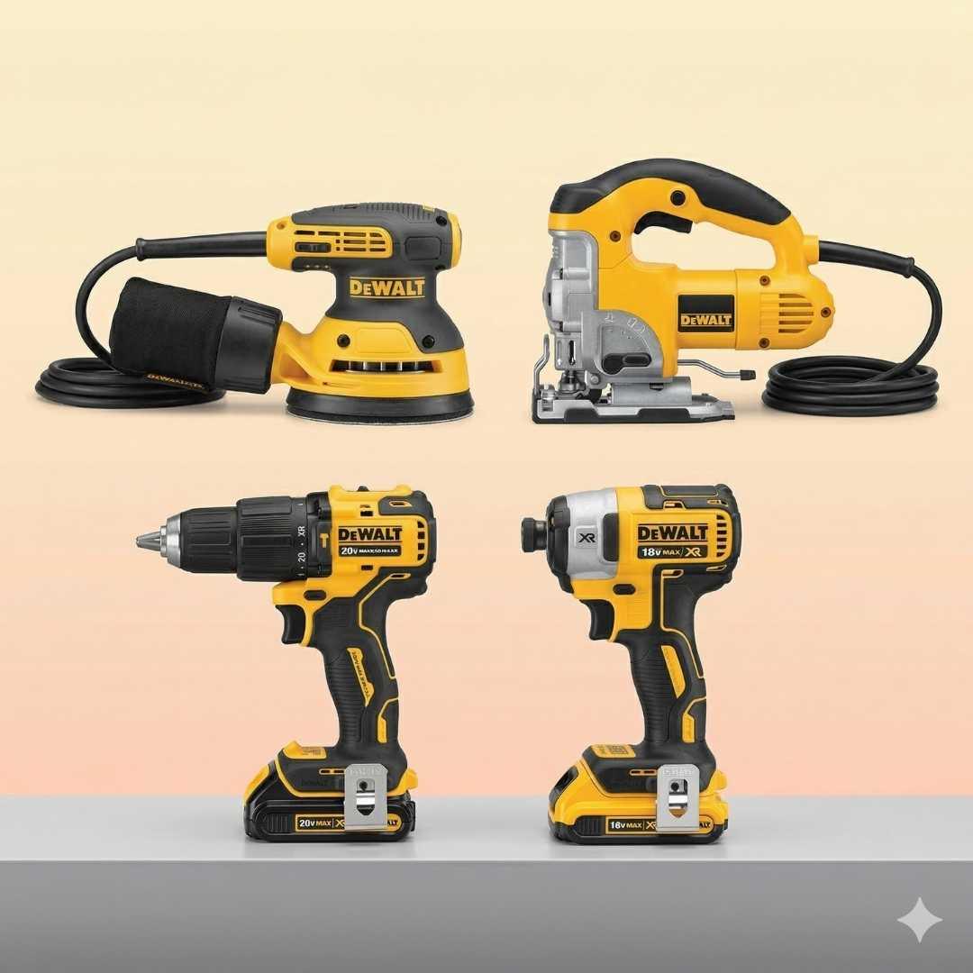Four Dewalt power tools on a light pink background