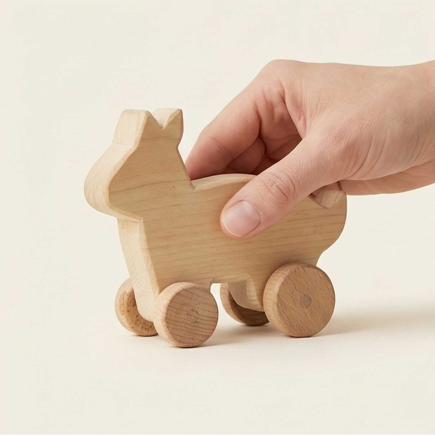 Hand holding a wooden toy dog on a plain background