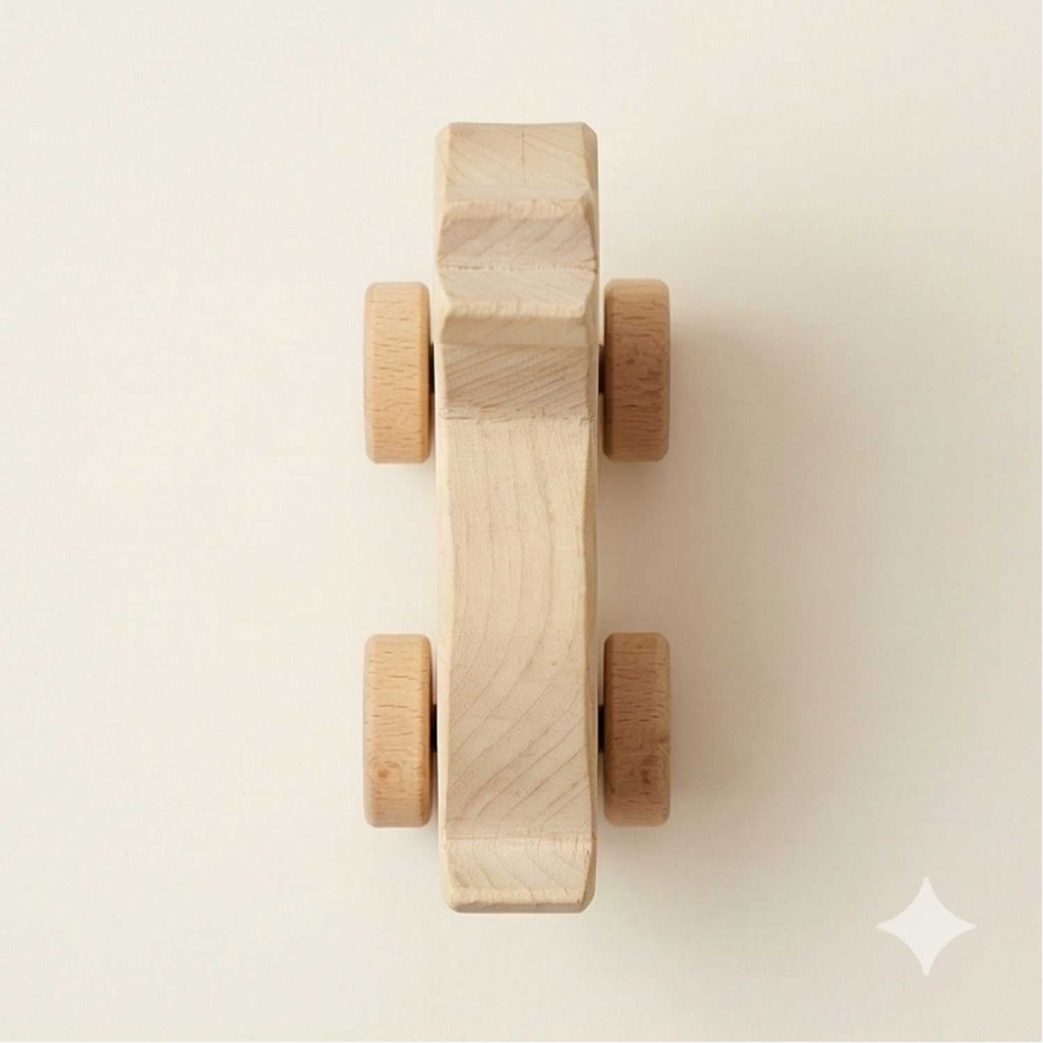 Wooden toy car with four wheels on a light beige background