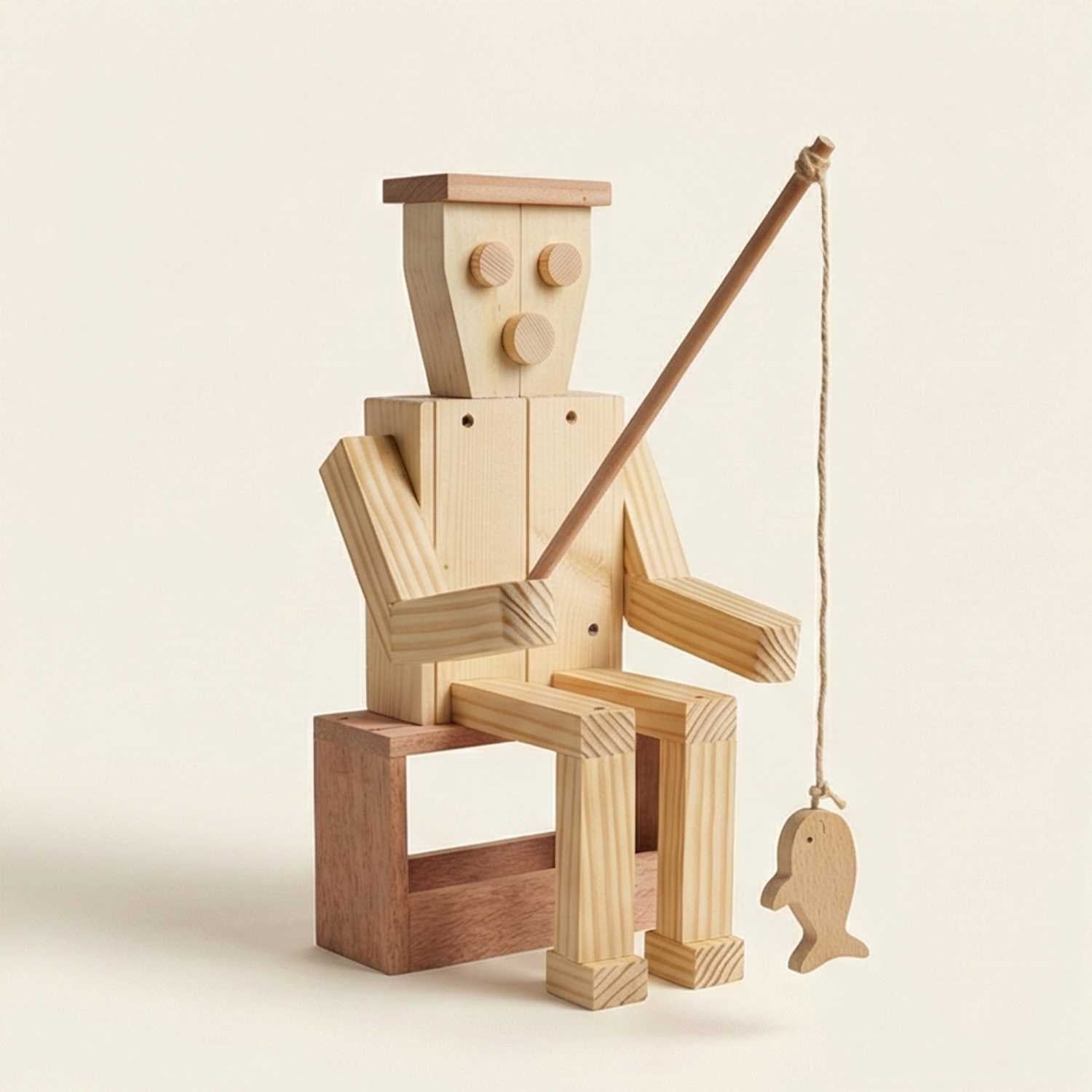Wooden toy figure of a man with a fishing rod and fish on a beige background