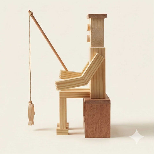 Wooden sculpture resembling a person sitting on a chair with a rope around its neck on a light background