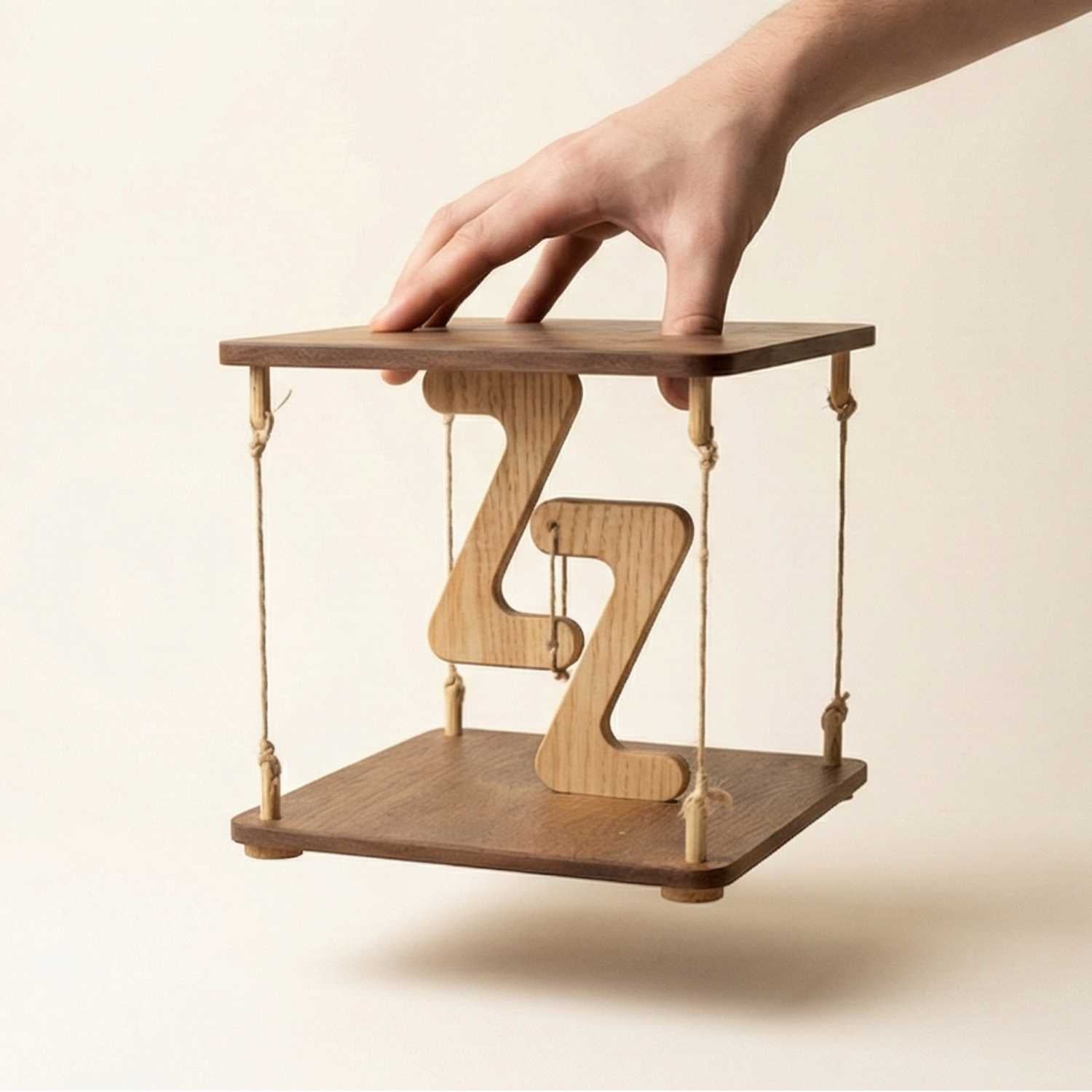 Wooden shelf with a zigzag design held by a hand against a beige background