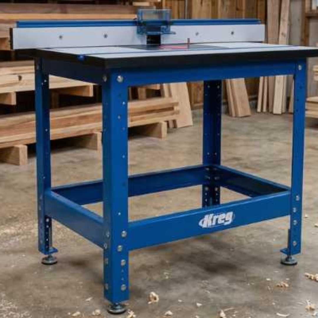 Blue workbench with router table in a workshop setting
