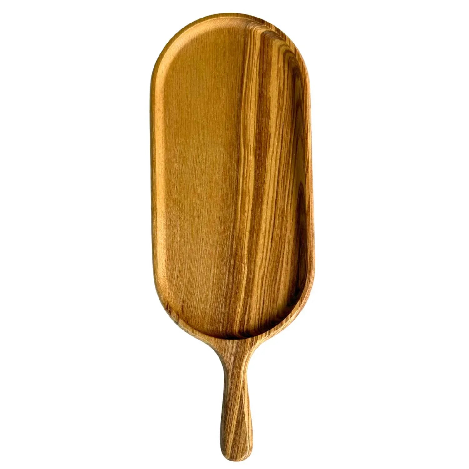 Handcrafted wooden serving board with handle, smooth finish, natural wood grain