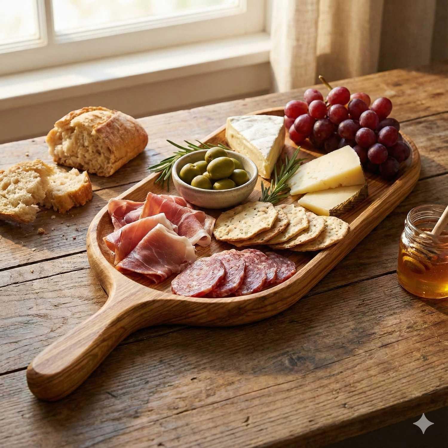 Wooden serving board with handle holding cheese, grapes, olives, crackers, cured meats, and bread on rustic table