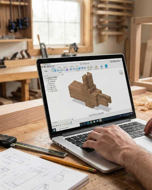 An over-the-shoulder view of a student using Fusion 360 CAD software on a laptop to design a complex, interlocking 3D woodworking joint. Digital calipers, technical sketches, and pencils are spread across the workbench, highlighting the integration of technology in modern woodworking.