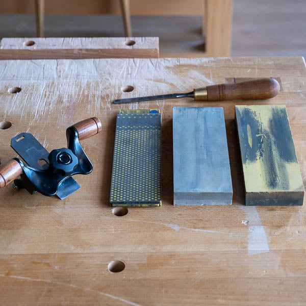 Chisel sharpening workstation setup used in woodworking classes at The Makers Society.