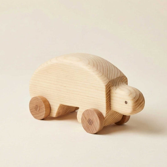 Wooden toy turtle on a beige background