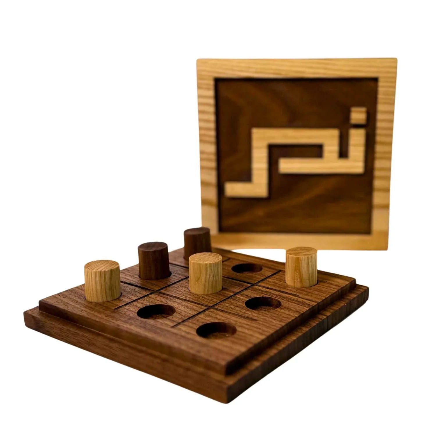 Handmade wooden tic tac toe game board with light and dark wood pieces and decorative lid