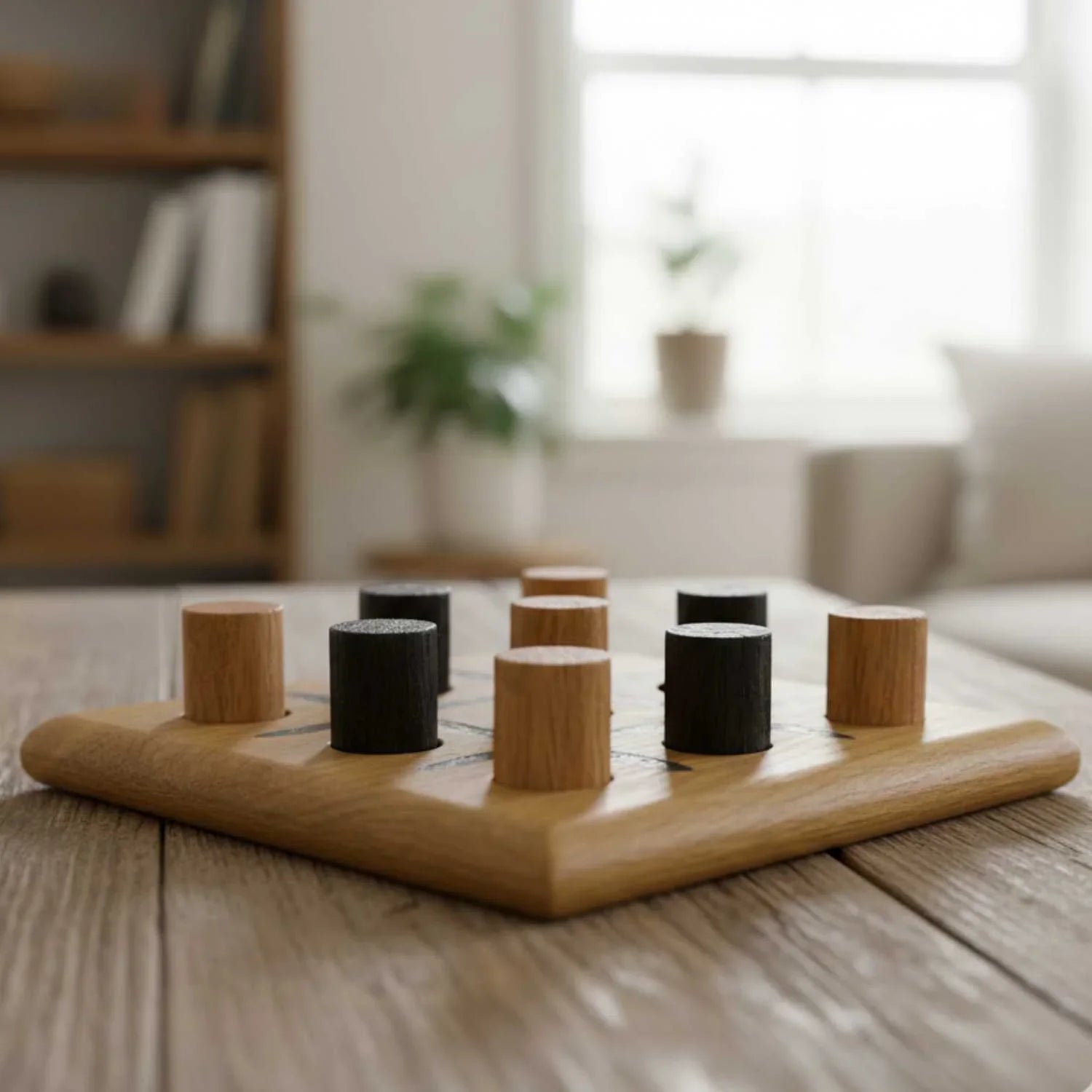 Handmade oak and black wood tic-tac-toe game set on a wooden table in a cozy living room