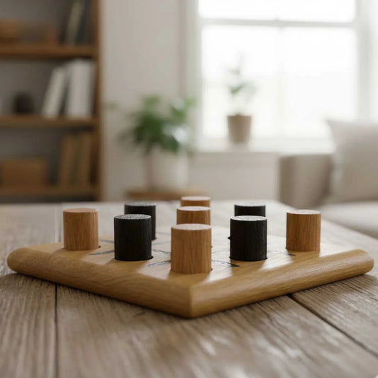 Handmade oak and black wood tic-tac-toe game set on a wooden table in a cozy living room