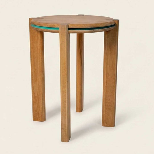 Handmade wooden round stool with four legs and turquoise accent, modern home decor