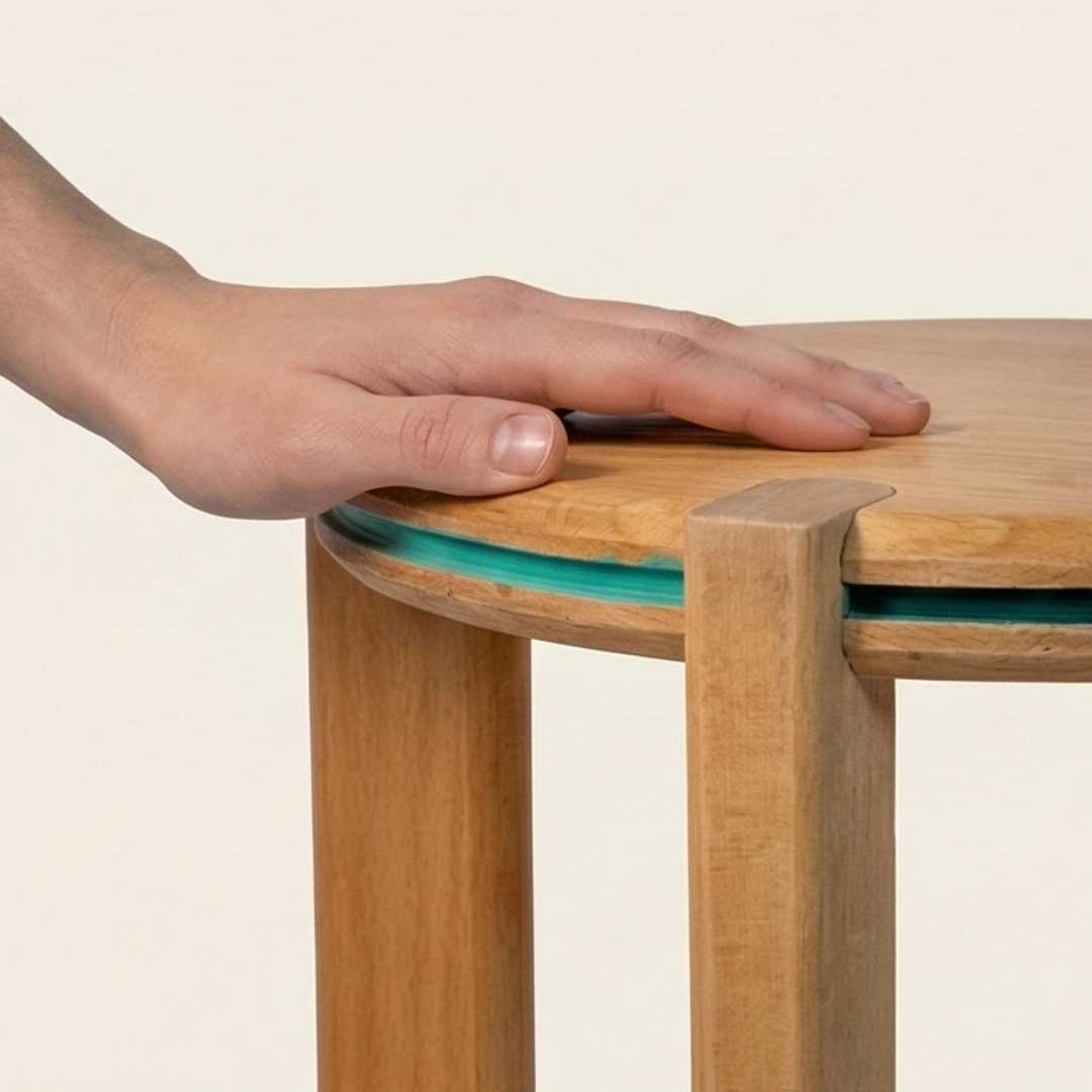 Hand touching round wooden stool with turquoise accent, handcrafted home goods Dubai
