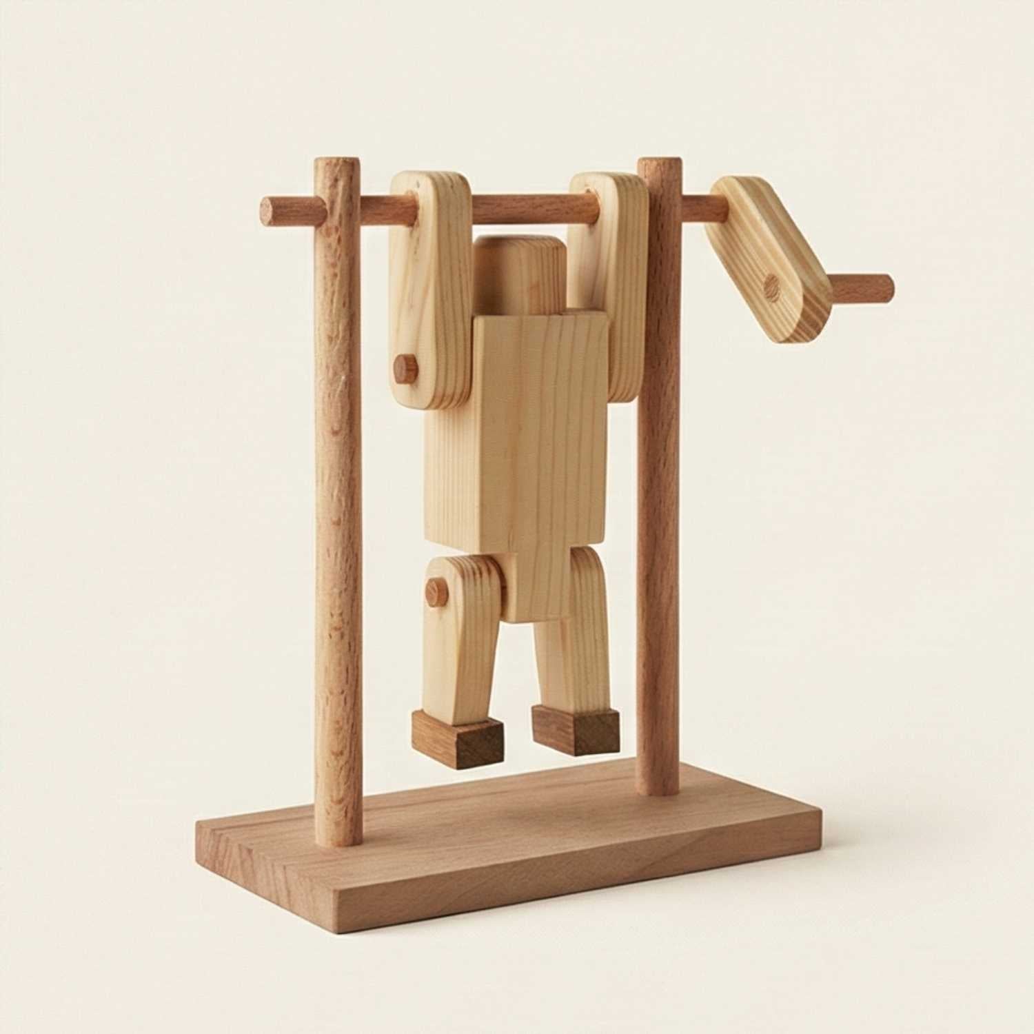 Handmade wooden acrobat toy hanging on parallel bars, crafted home decor from Dubai makers.