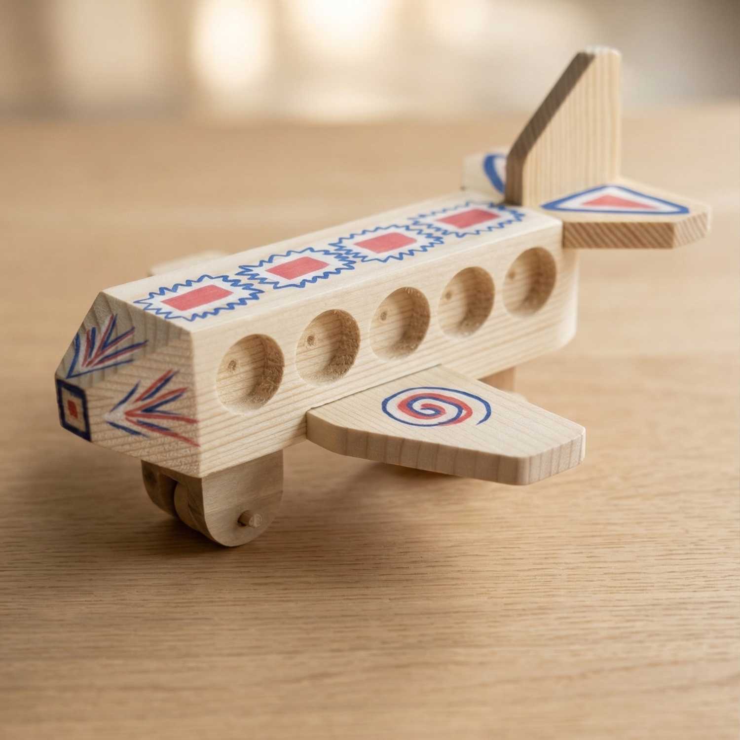 Finished wooden aeroplane from The Makers Society kids woodworking kit with hand-decorated details