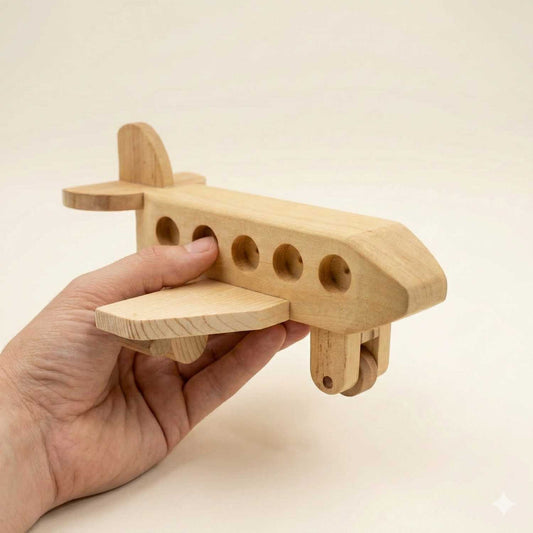 A neutral adult hand holding the wooden toy airplane to demonstrate its scale and ergonomic, child-friendly design for play.