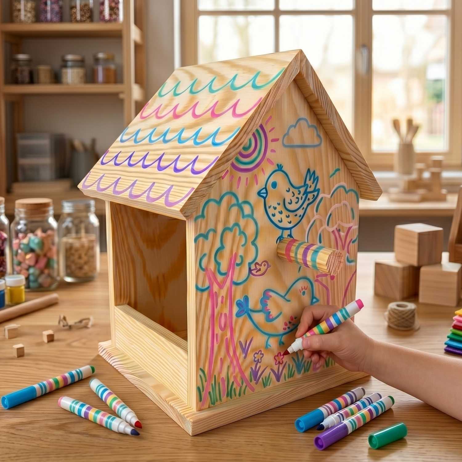 Child decorating a wooden birdhouse craft kit on a table in a bright workshop setting