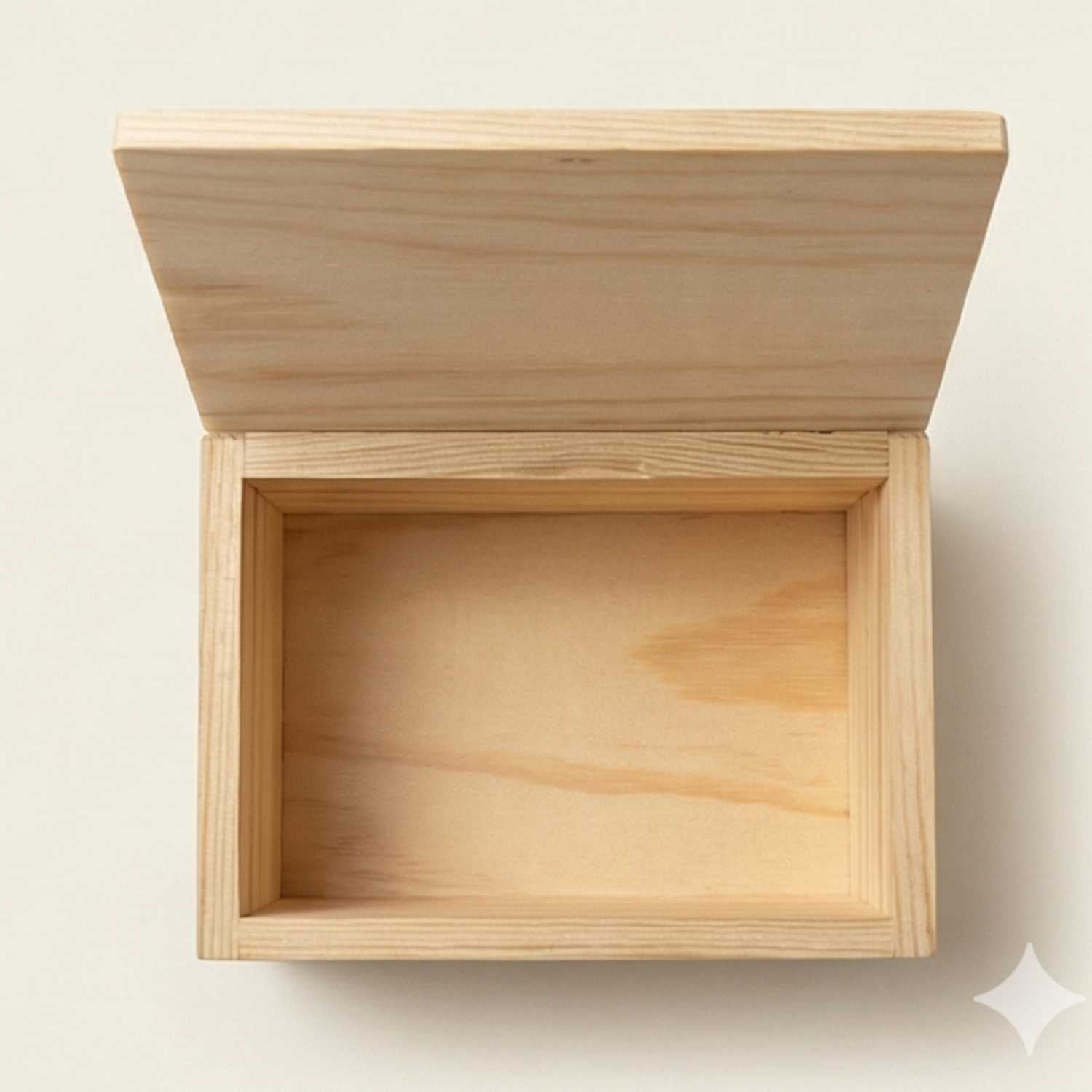 A direct top-down view looking into the open wooden box, showing the interior storage space and the consistent natural wood texture.