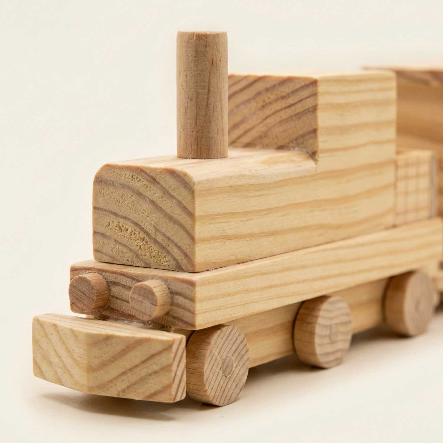 Handcrafted wooden toy train engine with natural wood grain detail, close-up view.