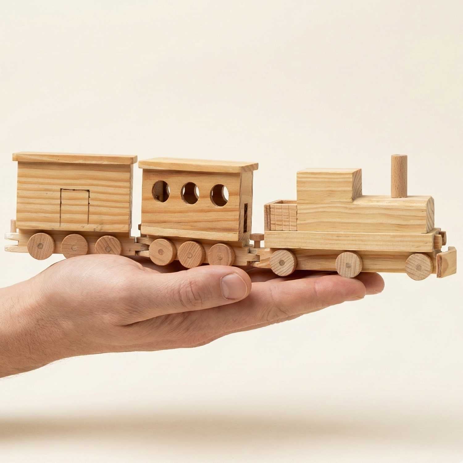 Hand holding a handmade wooden train toy, natural finish, woodworking gift idea