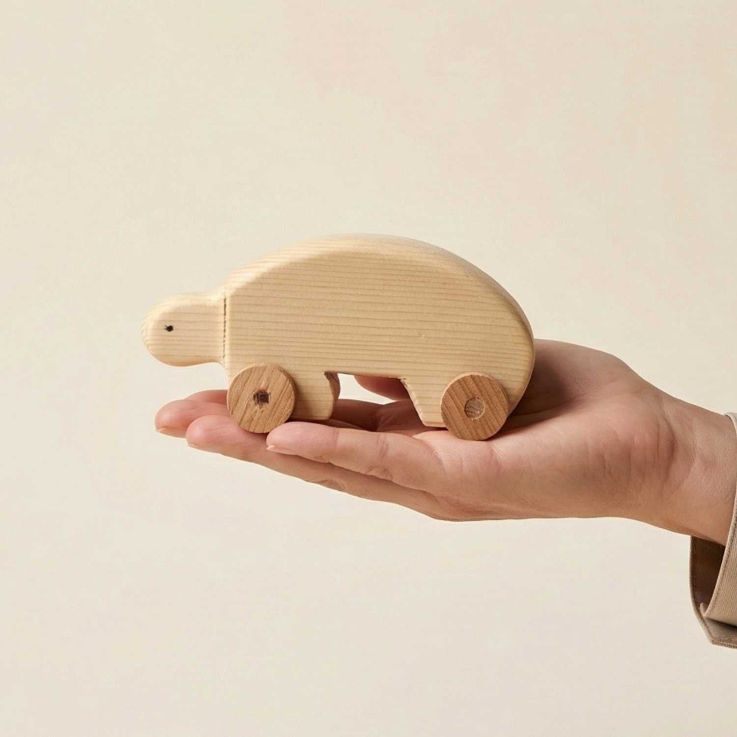 Wooden turtle toy held in a hand against a beige background