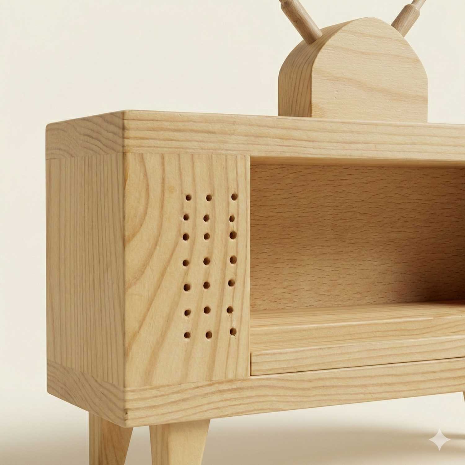 Wooden cabinet with a shelf and decorative item on a beige background