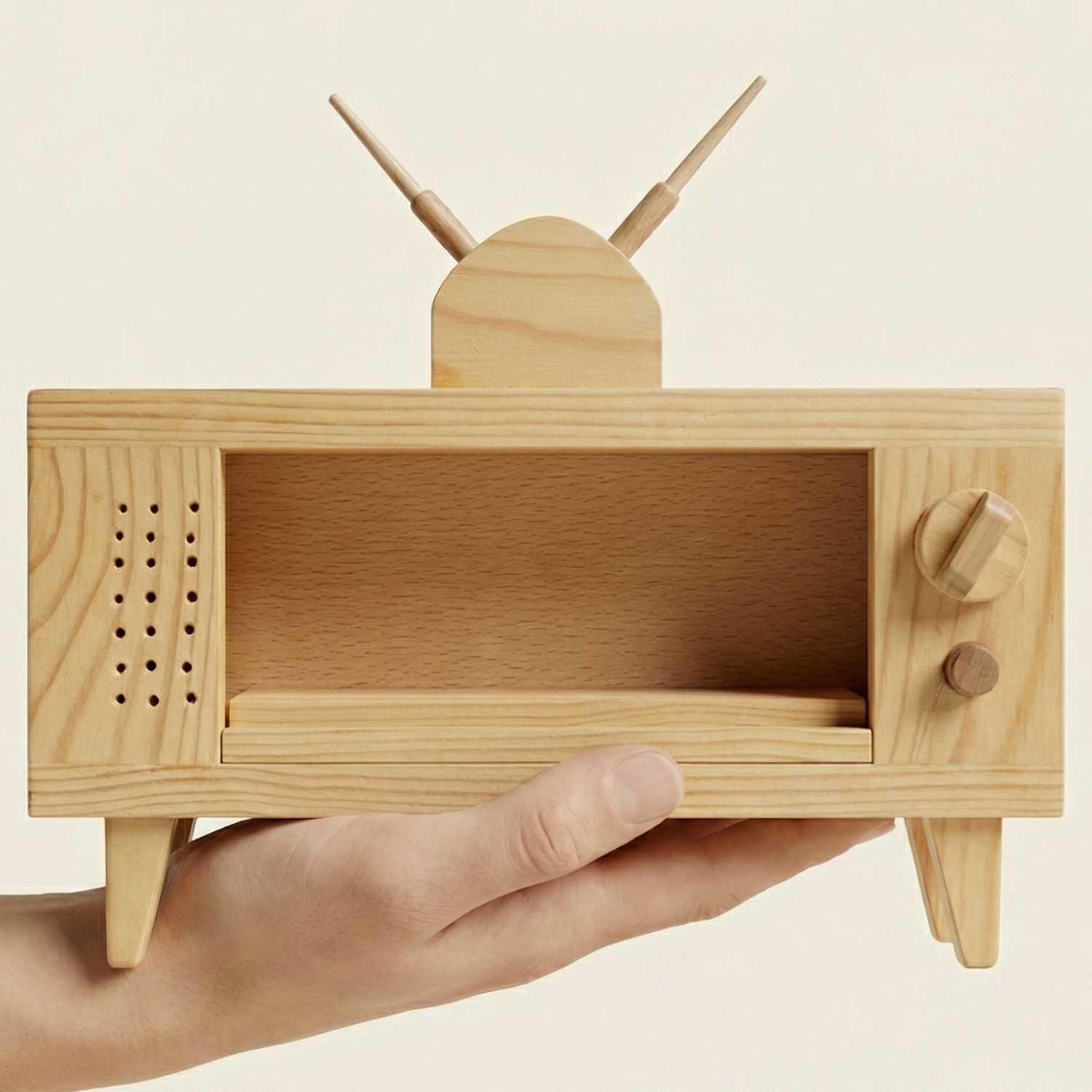 Wooden model of a television set held in a hand against a beige background