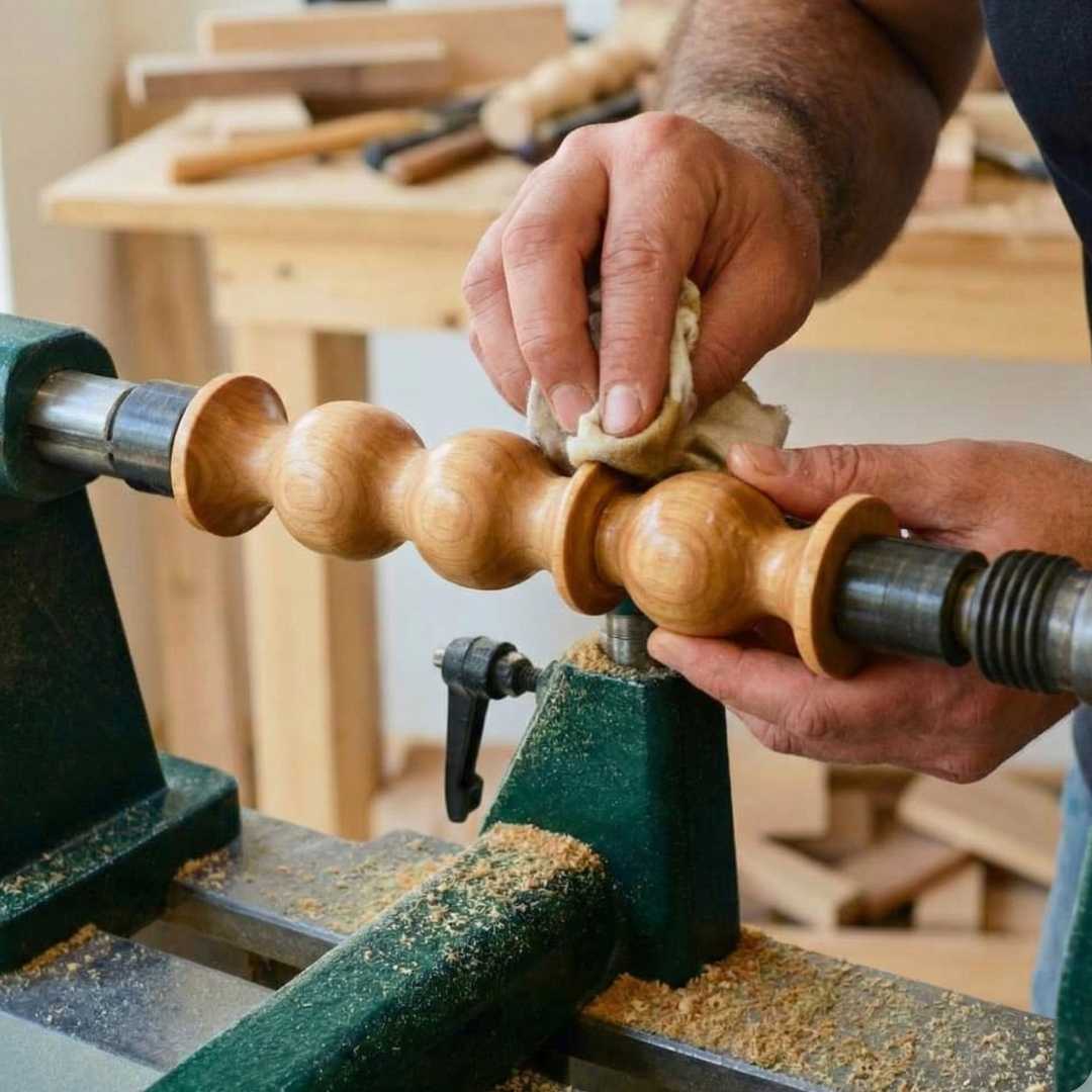A woodworker applying a natural oil finish with a cloth to a freshly turned wooden spindle on a lathe, highlighting the grain and transformation from raw wood to a finished piece.