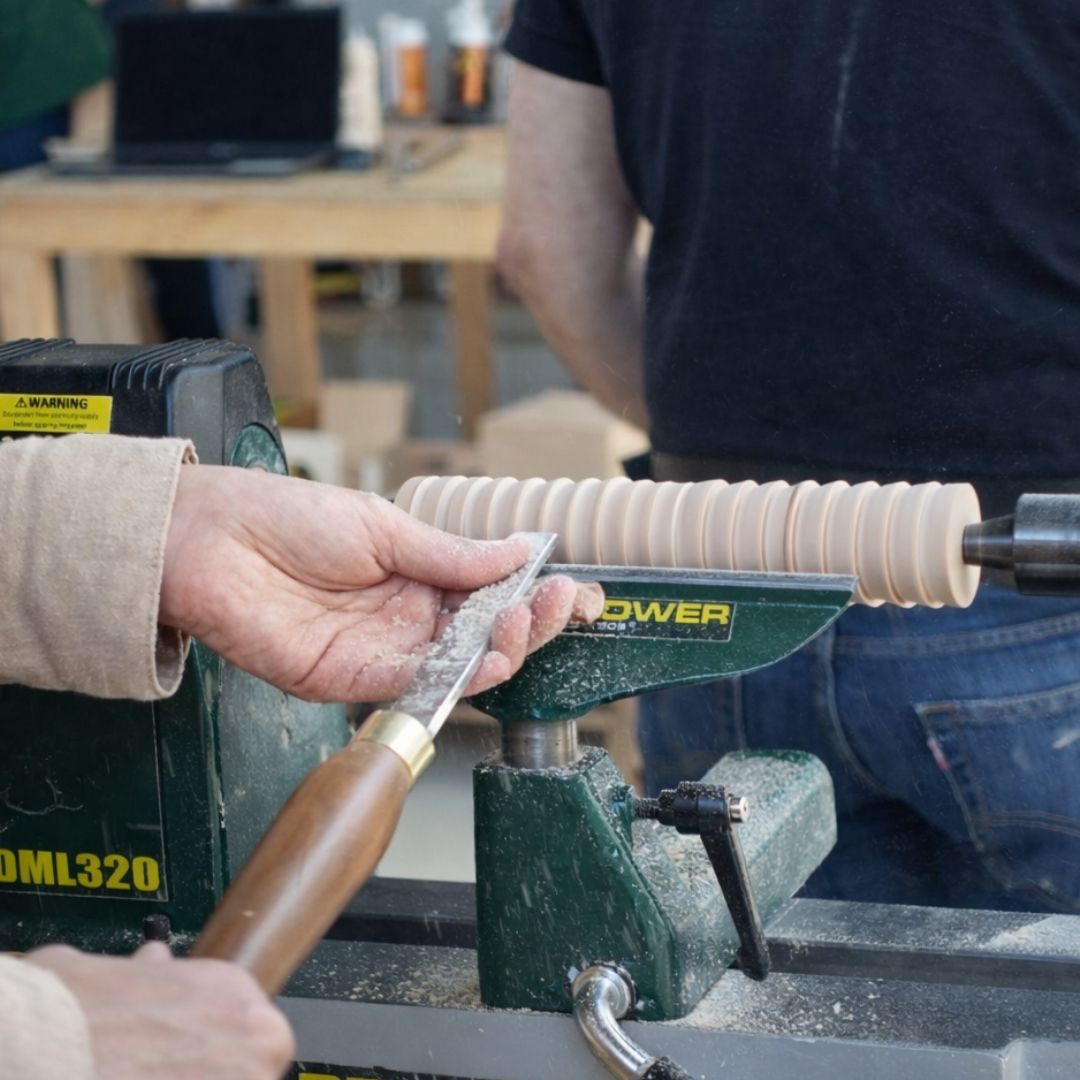 Close-up of a woodturning gouge shaping a spindle on a lathe during a woodturning trial class at The Makers Society in Dubai.
